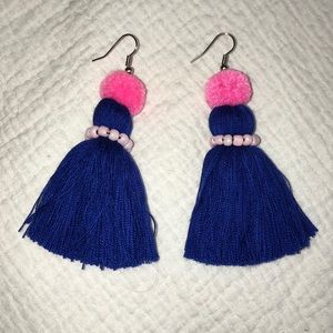 Navy Pom Pom Tassel Earrings
